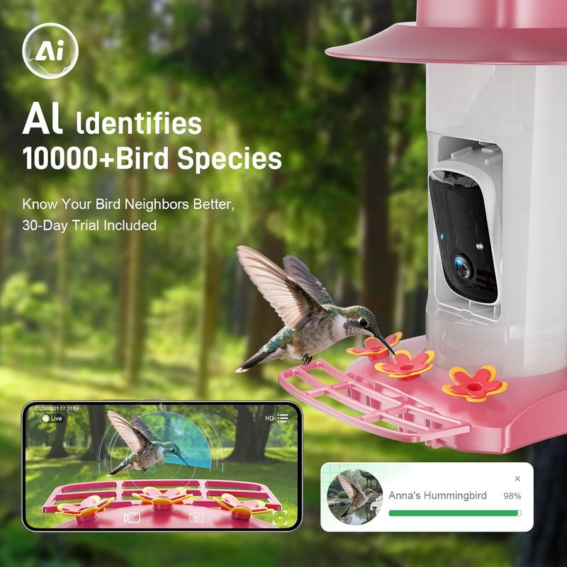 SV3C Hummingbird Feeder with Camera Outdoor, Hanging Bird Feeder with Ant Moat & Bee-Proof, HD 2K Solar Powered, AI Bird Identify, Instant App Alerts, Auto Capture, Hummingbird Lover Gifts, 21oz, Pink - Image 2